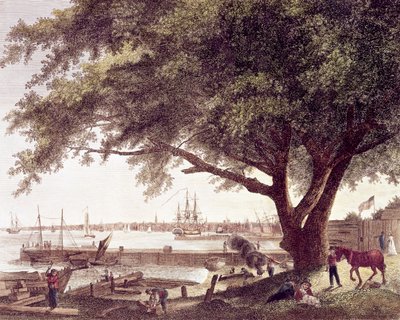 De stad en haven van Philadelphia, aan de rivier de Delaware, vanuit Kensington, 1800 door American School